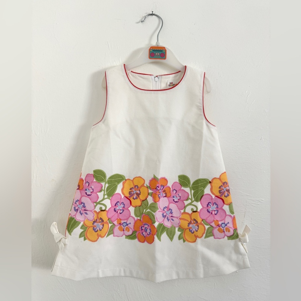 Brand New- Jim Thompson Cotton Pique White Floral Shift Summer Dress, 3/4T